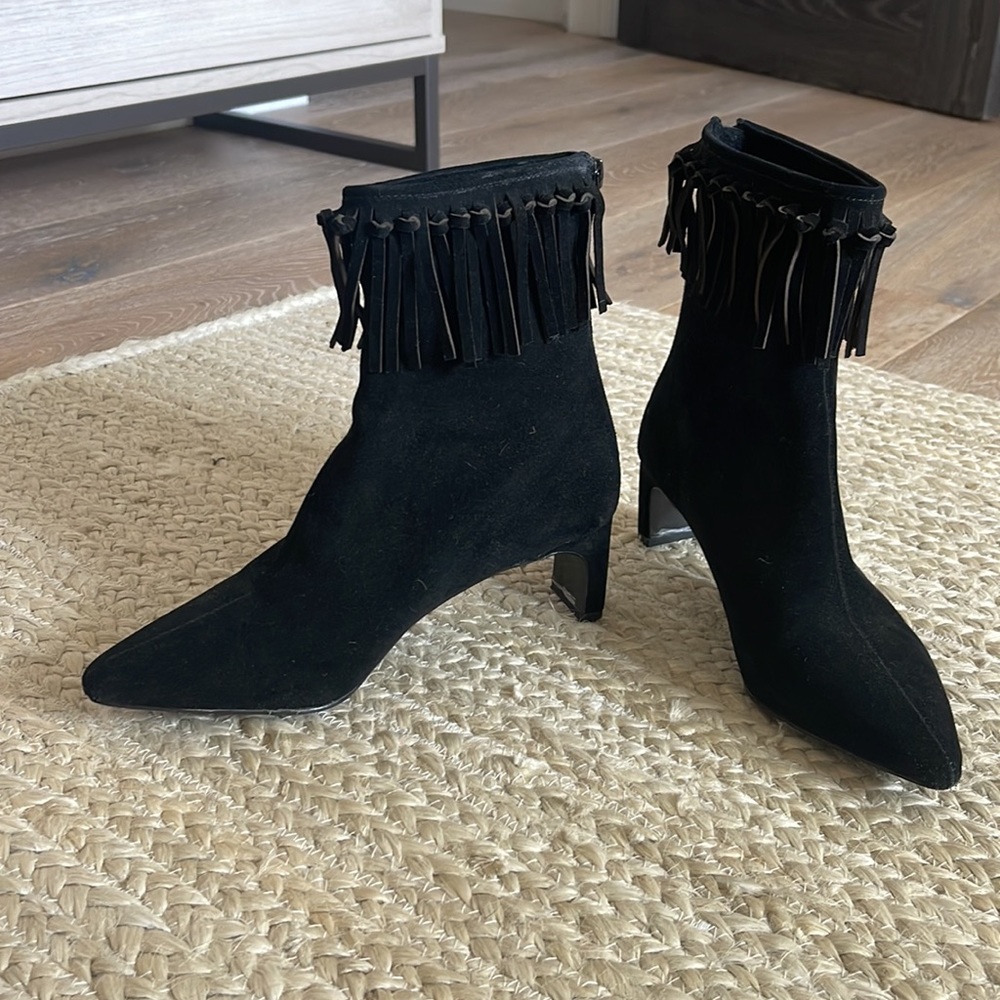 Revolve Raye Black Fringe Suede Pointed Toe Bootie - image 1